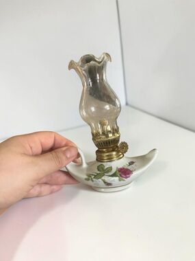 Vintage Oil Lamp Porcelain Floral Mini Lamp Glass Chimney